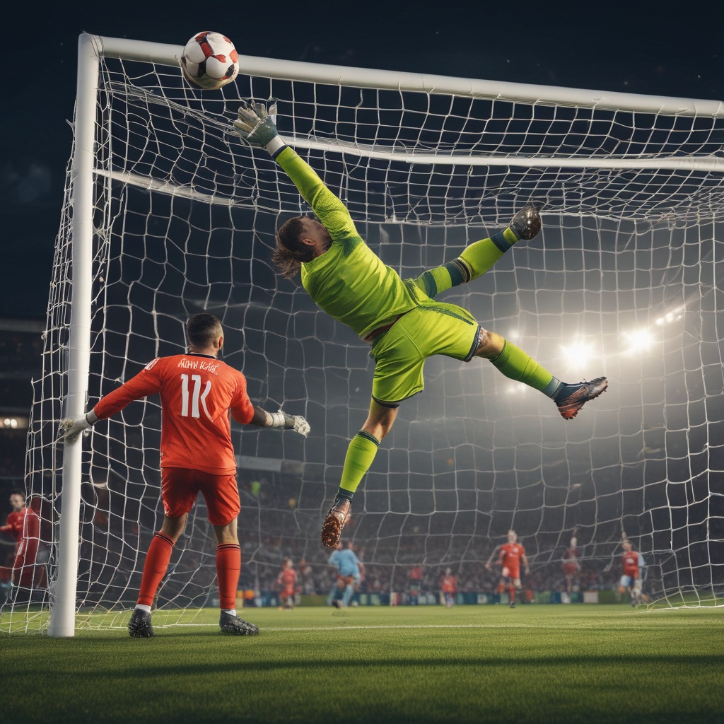 A spectacular save by the goalkeeper in a soccer game